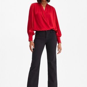 EUC Beautiful Express blouse Red Satin Draped Front Long Sleeve Top